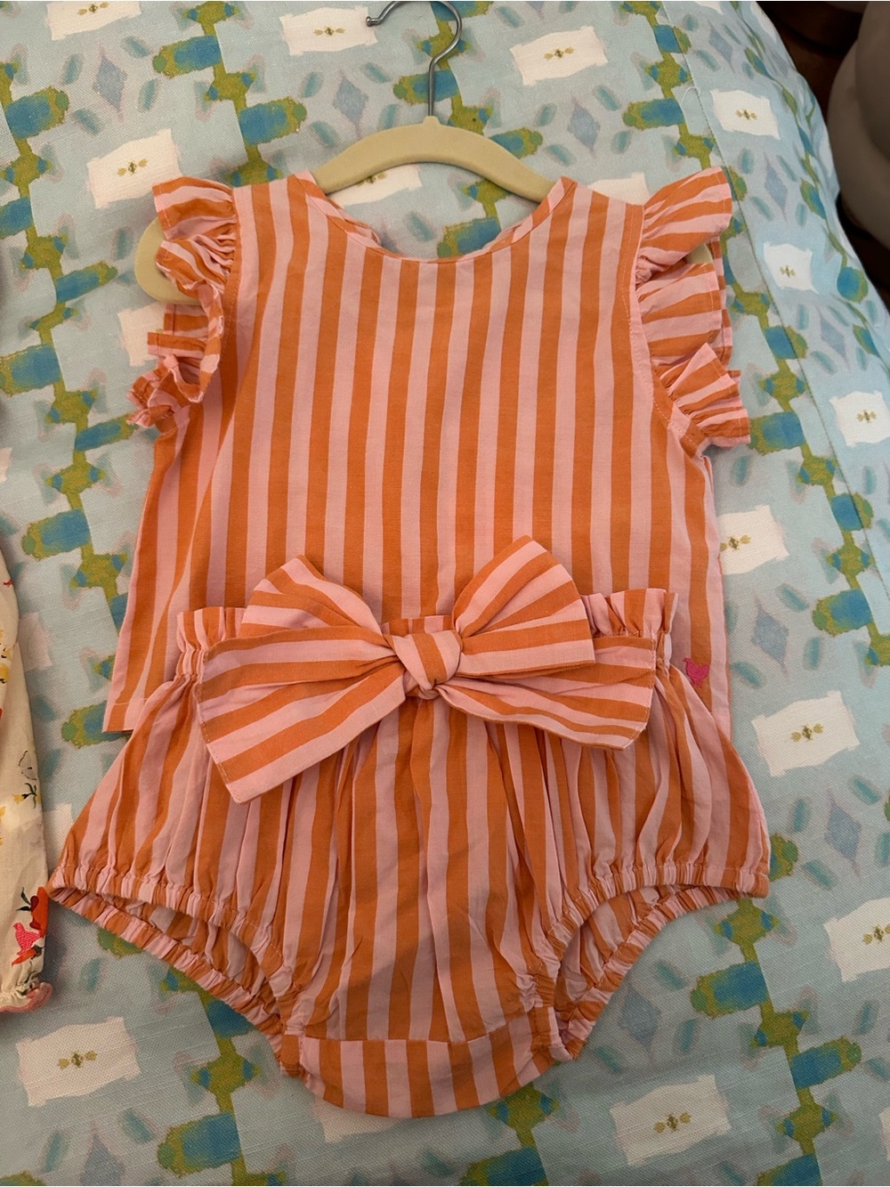 Pink Chicken Pink and Orange Striped Bow Romper - Kids Matching Set
